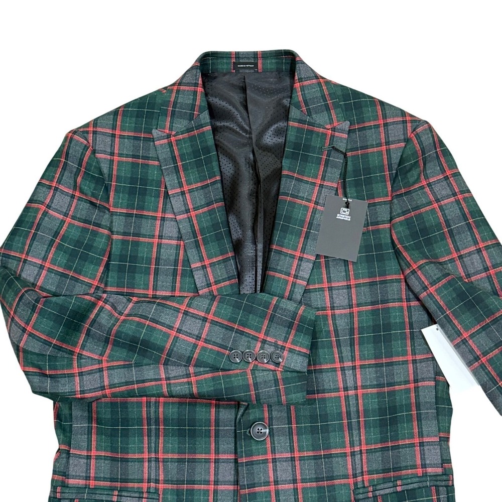 J Ferrar Men's Slim Fit Green Red Plaid Blazer Stretch Jacket 38/40 Reg